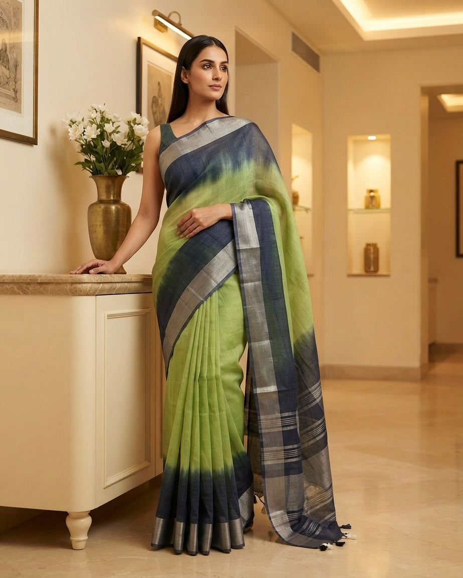 Blue and Green Linen Saree
