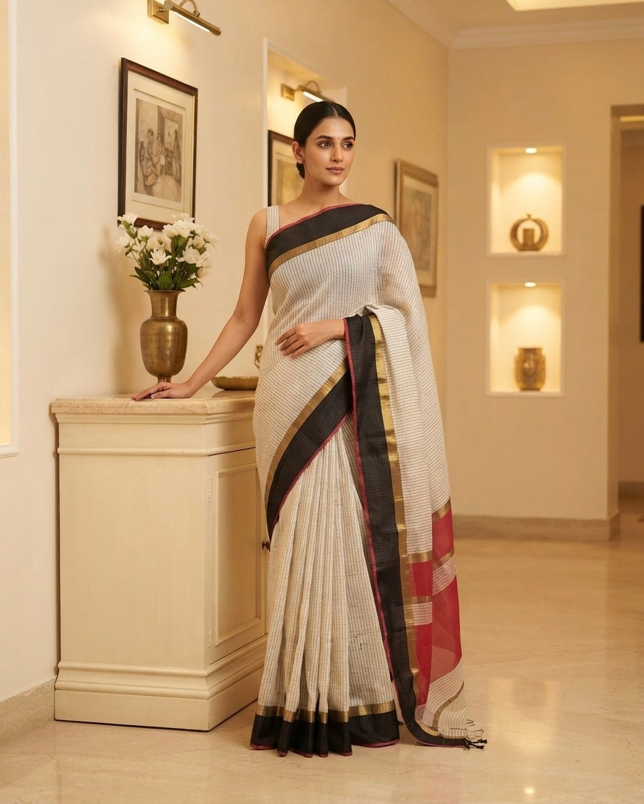 Maheshwari Check Body Off-White Saree