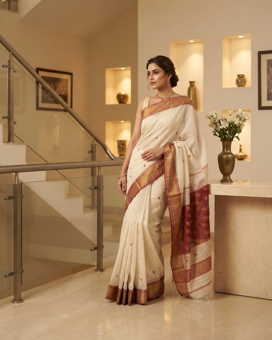 Maheshwari Vine Weaving Pallu Off-White Saree