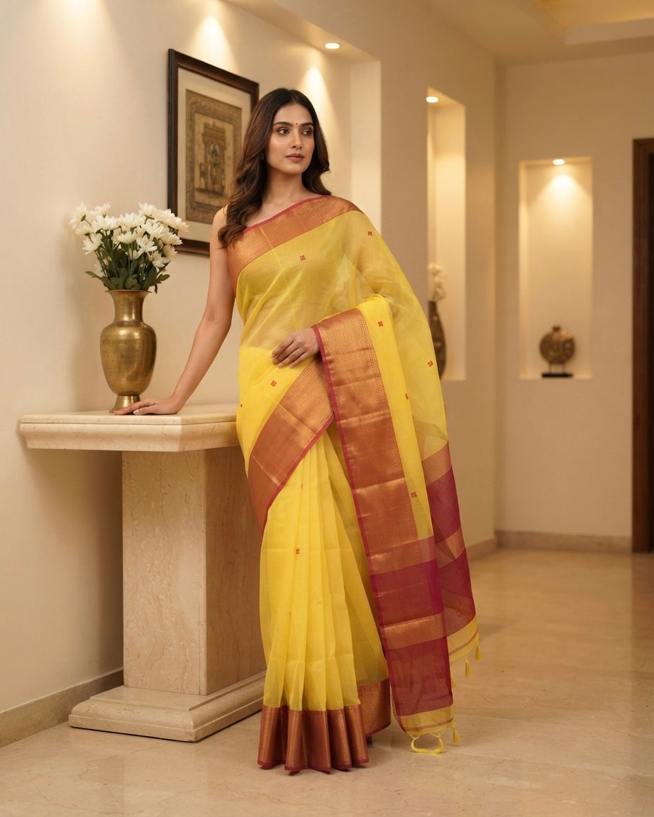 Maheshwari Buti Skirt Border Yellow Saree