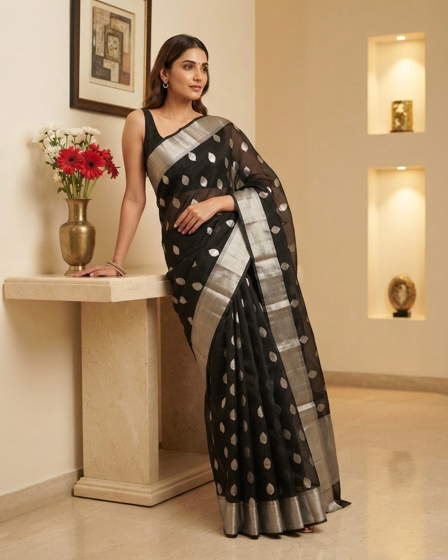 Chanderi Mercerised Silk Black Leaves Saree