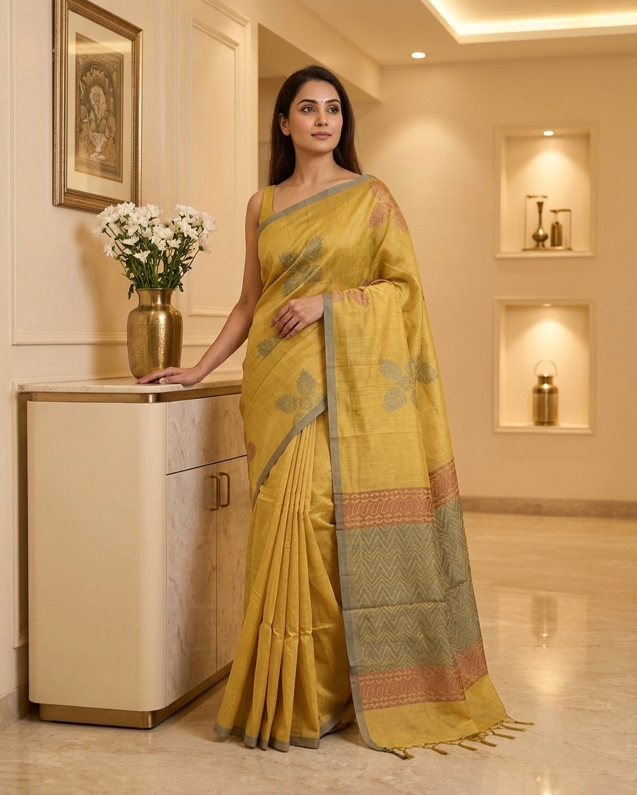 Mustard yellow Kora Cotton Saree