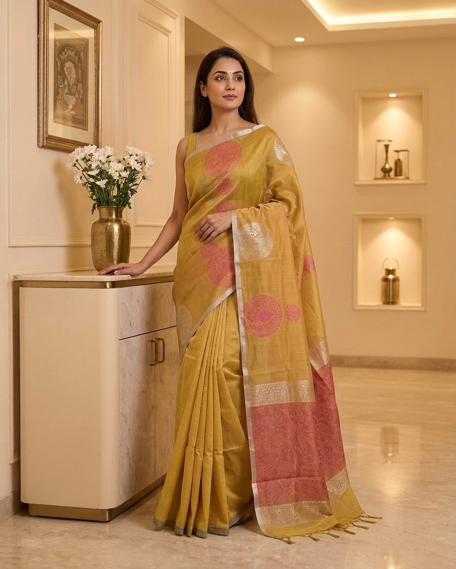 Mustard with Pink Kora Cotton Saree