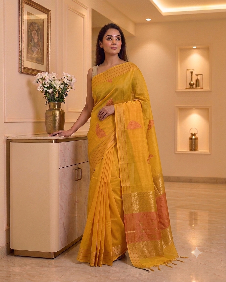 Golden Yellow Kora Cotton Saree