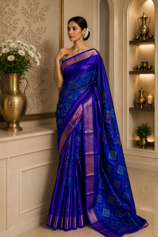 Blue Pochampally Semi Silk Saree