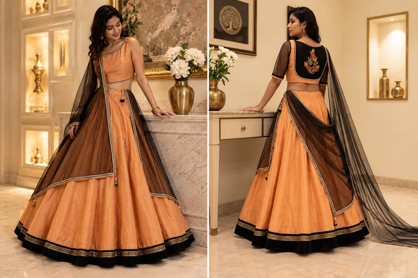 Peach Dupion Silk lehenga set