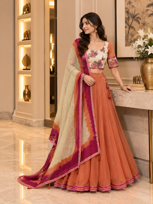 Beige Floral and satin Georgette Lehenga set