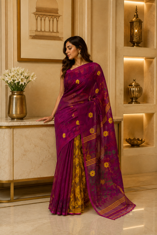 Jamdani Deb Dhakai Yellow Purple Saree