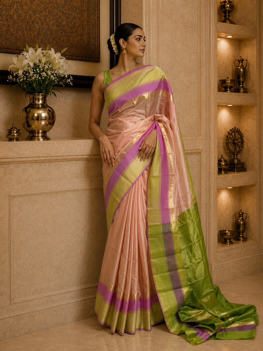 Peachish Pink Silk Saree