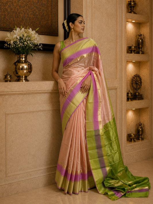 Peachish Pink Silk Saree