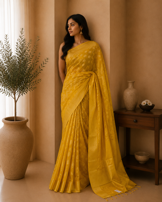The Sun-Drenched Luxe: Yellow Chinon Benaras Silk Saree