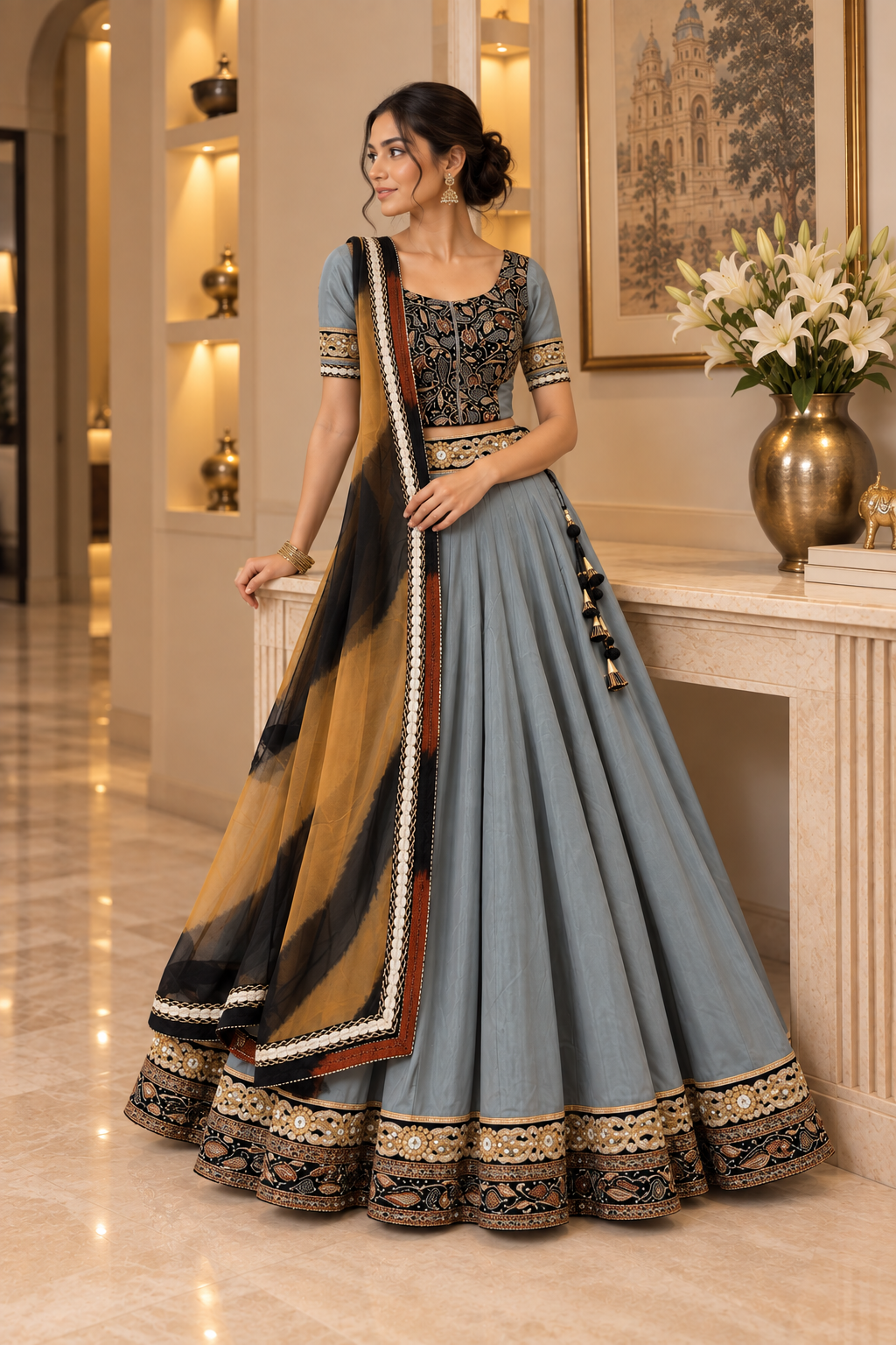 Grey Satin Silk and velvet Lehenga Set