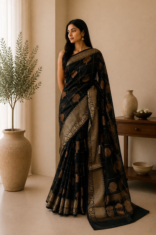 The Midnight Muse: Black Benaras Cotton Silk Saree