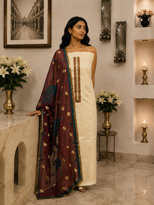 Beige Chanderi with Maroon KD