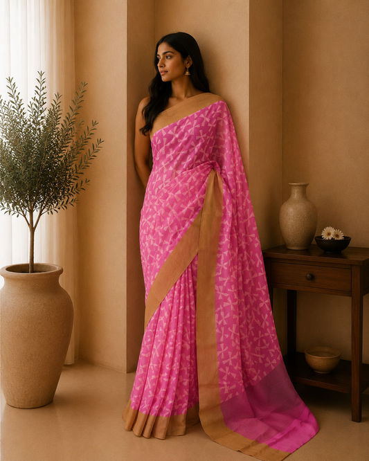 The Petal Glow: Pink Chinon Benaras Silk Saree