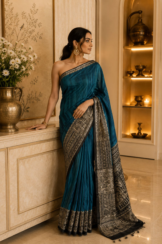 Tusser Giccha Madhubani Print Saree