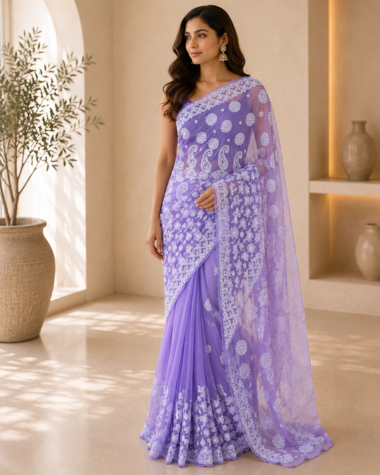 Lavender Chikankari Saree 02