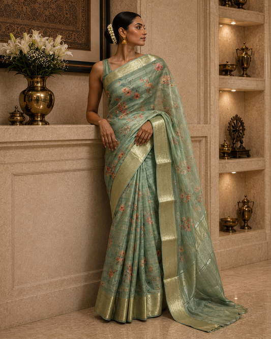 Green Floral Viscose  Organza Saree