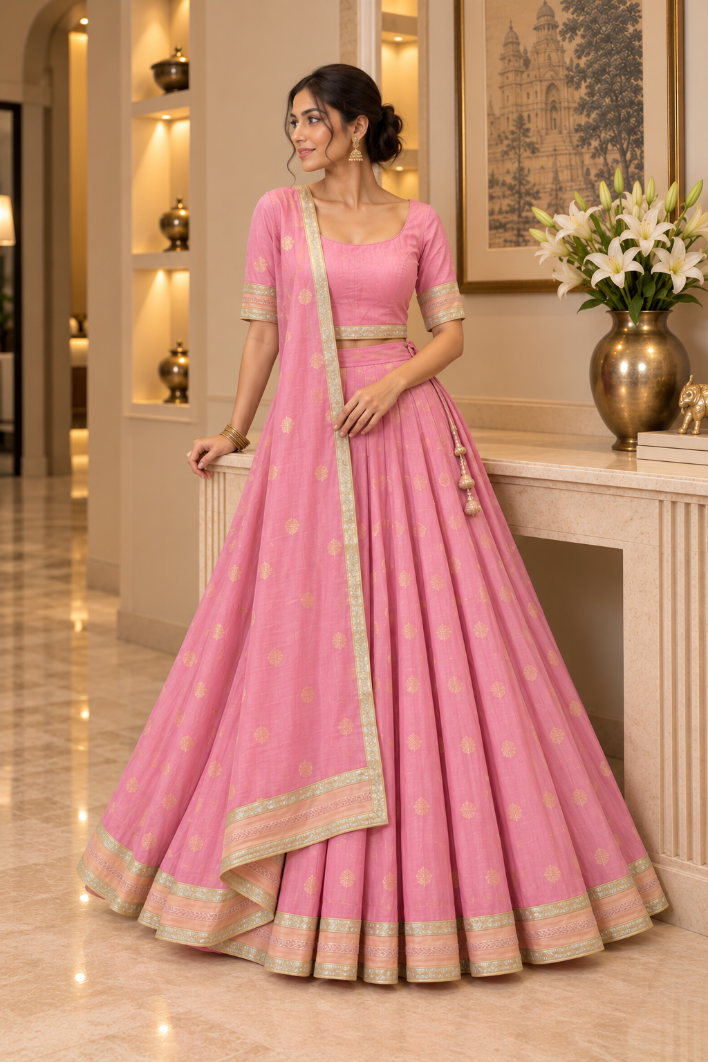 Pink Benaras Cotton Silk Lehenga Set