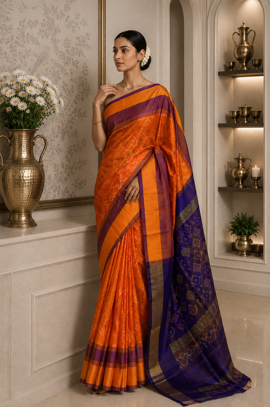 Orange Pochampally Semi Silk Saree