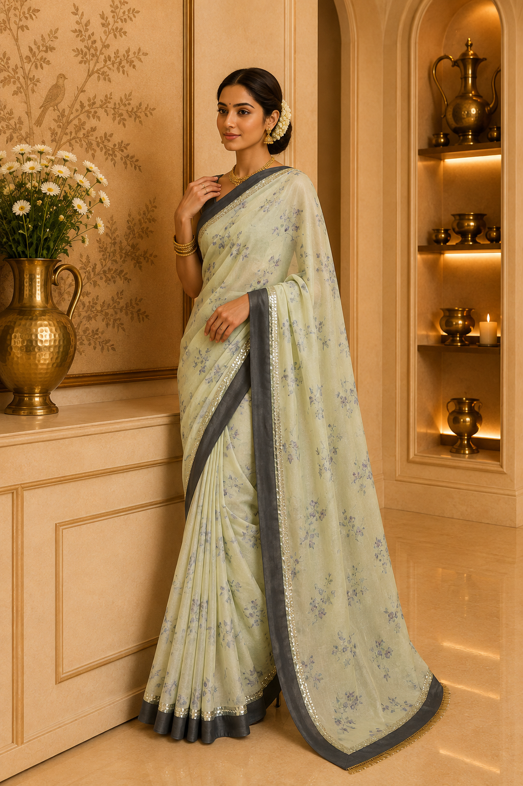 Lemon Yellow Georgette Floral Saree