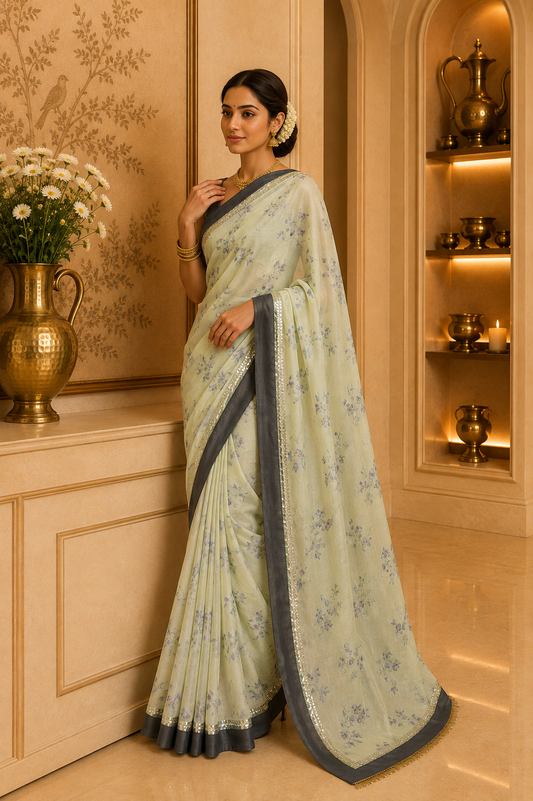 Lemon Yellow Georgette Floral Saree