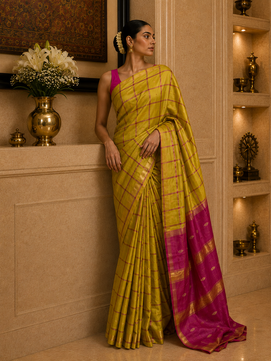 Mustard & Pink Cotton Silk Saree