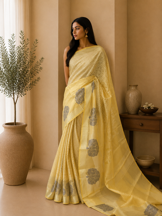 The Sunlit Serenity: Lemon Benaras Cotton Silk Saree