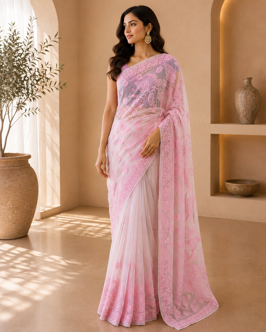 Pink Chikankari Saree