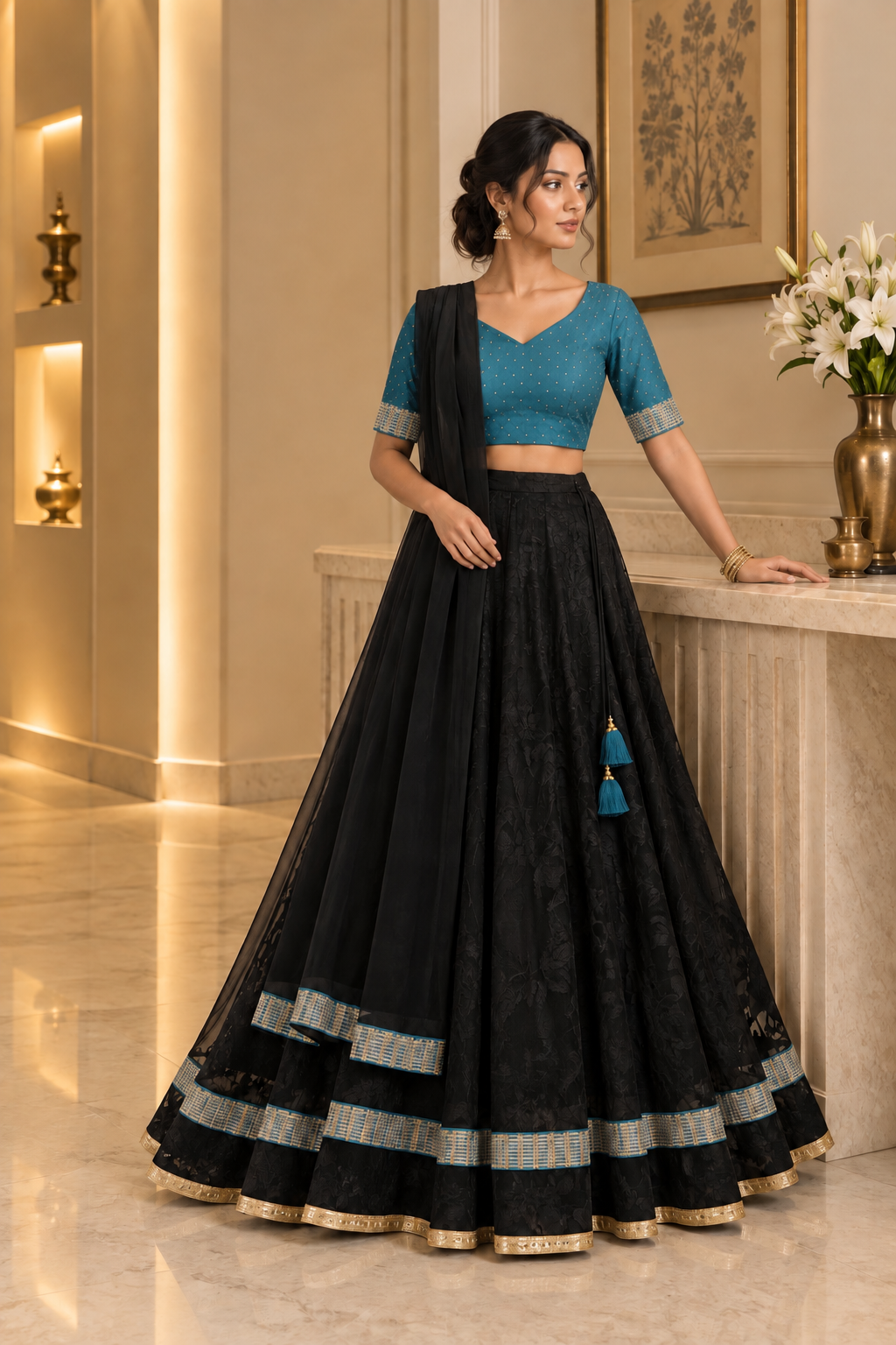 Black Jaamdani Lehenga Set