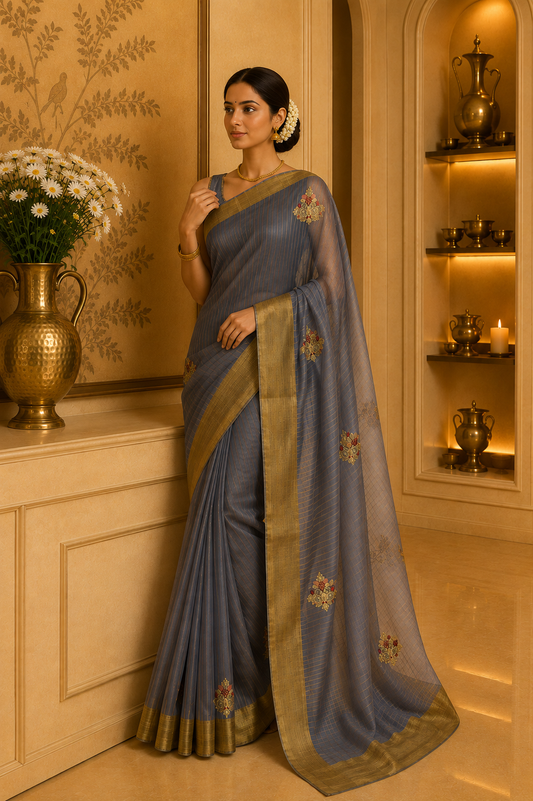 Tissue Organza Zari Stripes handwork Saree