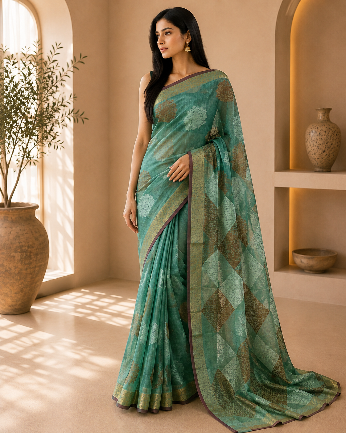 The Forest Majesty: Moss Green Benaras Cotton Silk Saree