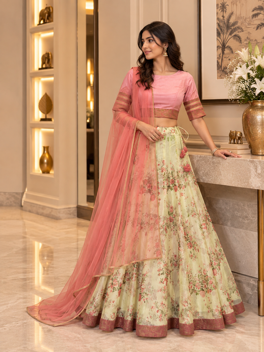 Pink silk and Floral Organza Lehenga set