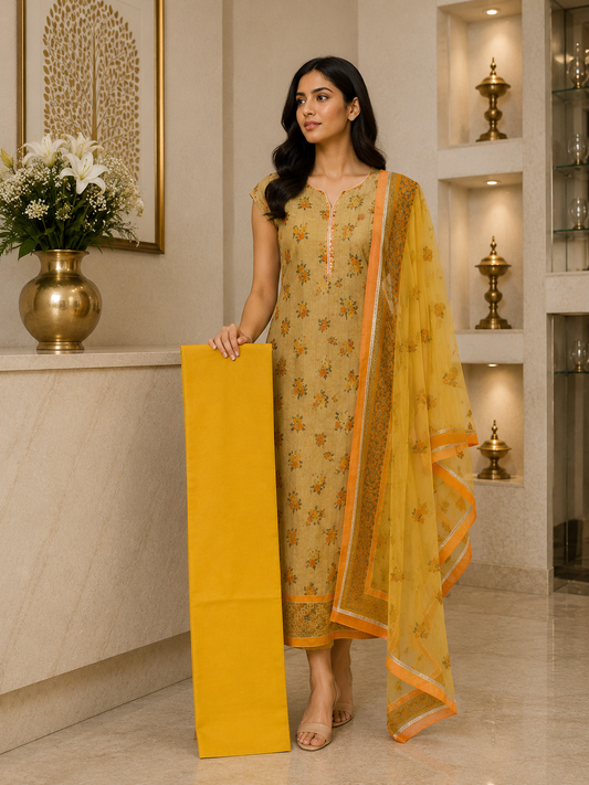 Yellow Floral DM with Net Dupatta