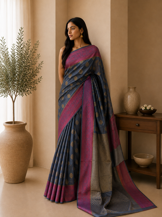 Grey Pink Benaras Cotton Silk Saree