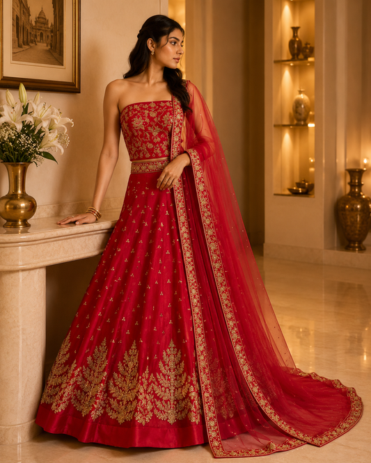 Dark Fuscia net unstitched lehenga set