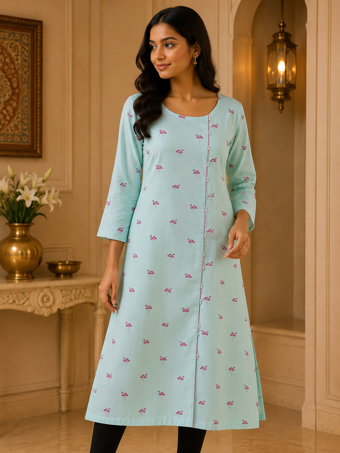 Green flamingo Readymade Long Kurta