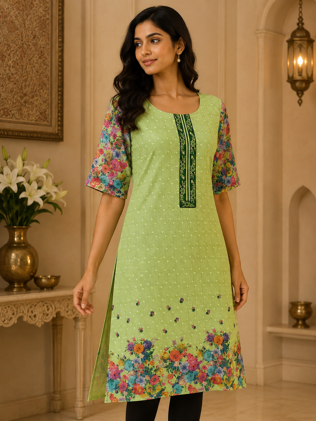 Green Hakoba kurta with Scallops