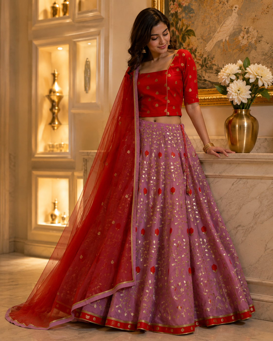 Mauve Appliqué work Organza lehenga set
