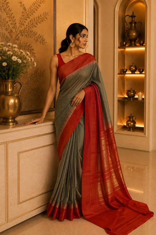 Grey & Red Checkered Gadwal Silk Saree