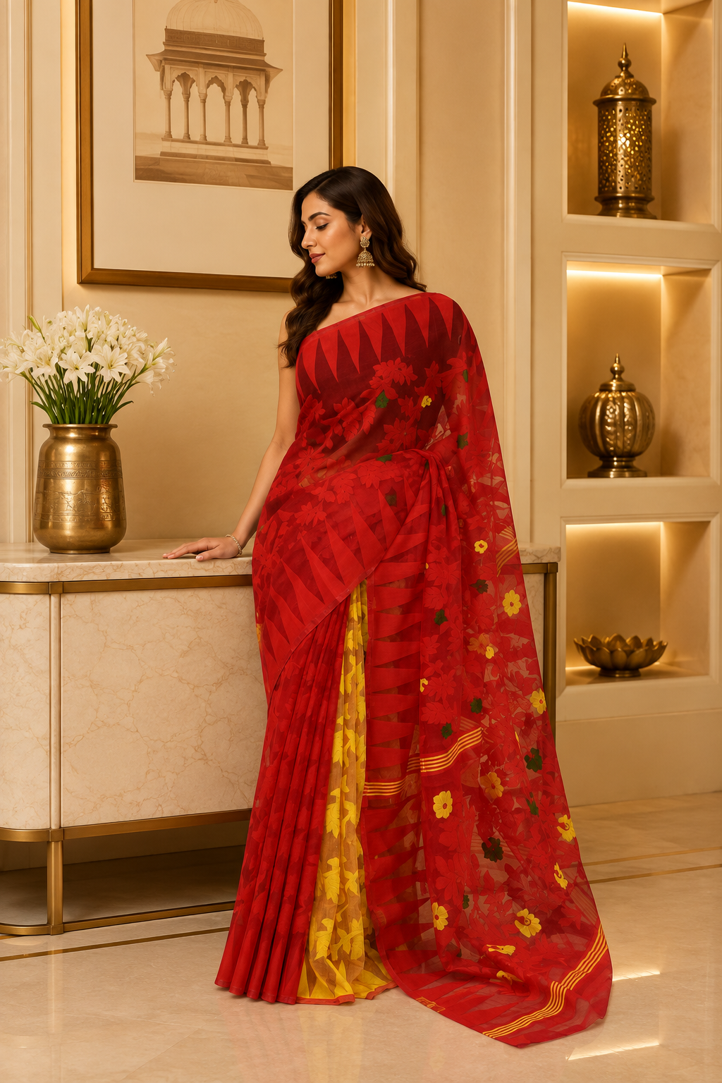 Jamdani Deb Dhakai Yellow Red Saree