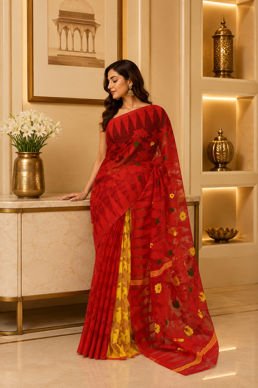 Jamdani Deb Dhakai Yellow Red Saree