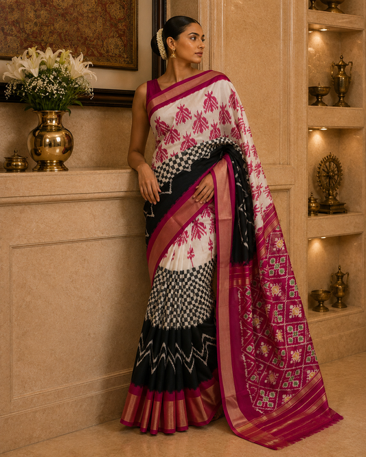 Ikkat Pure Silk Pink Saree