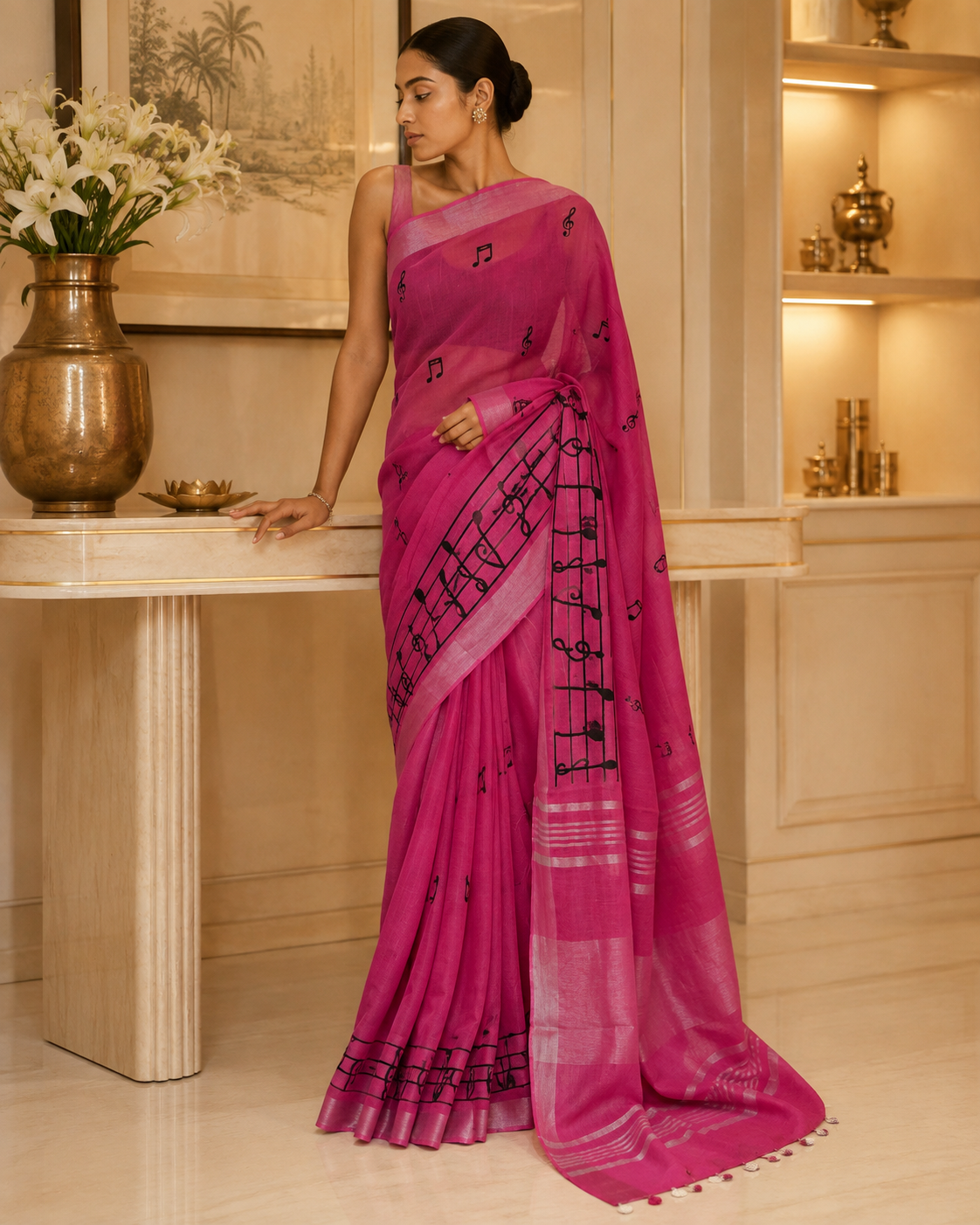 Pink Embroidered Linen Saree