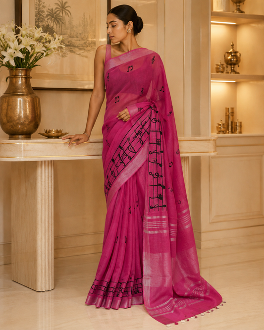Pink Embroidered Linen Saree