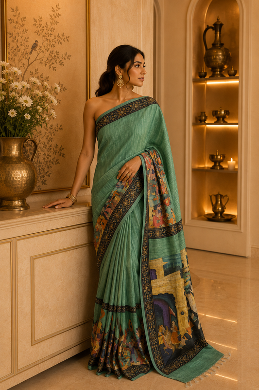 Tusser Giccha Screen Print Saree