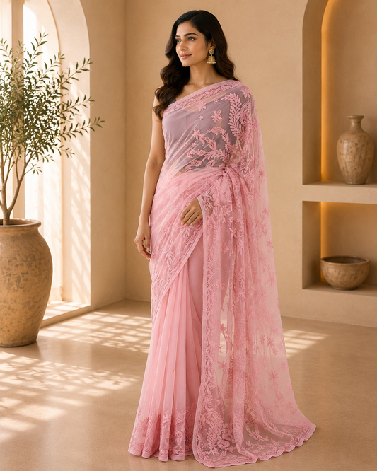 Peach Chikankari Saree