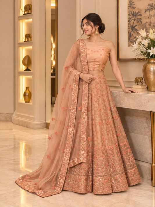 Peach Net Embroidered Unstitched Lehenga Set