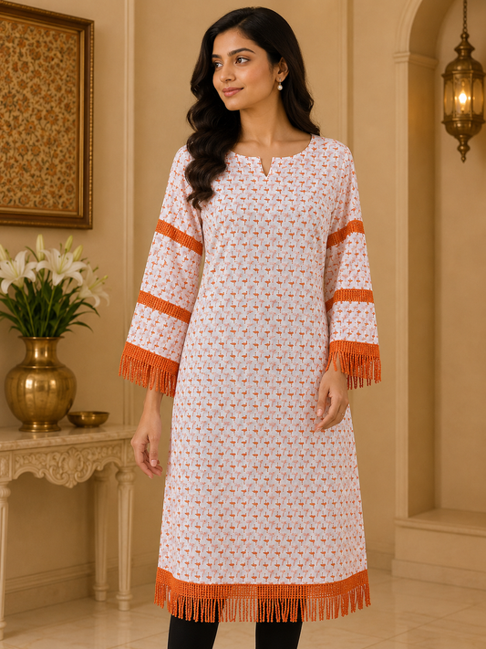 Orange Flamingo Print Kurta