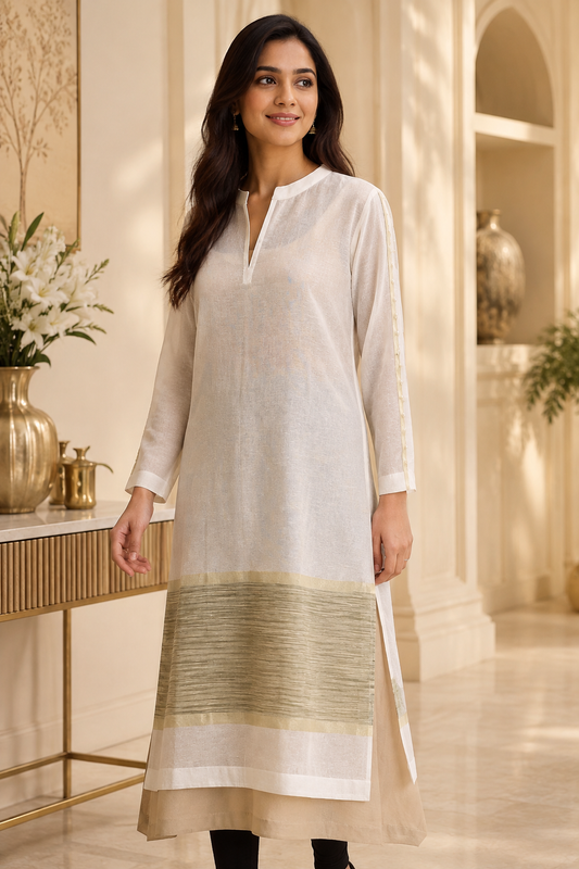 Off white Kota Kurta with Pearl Sleeves